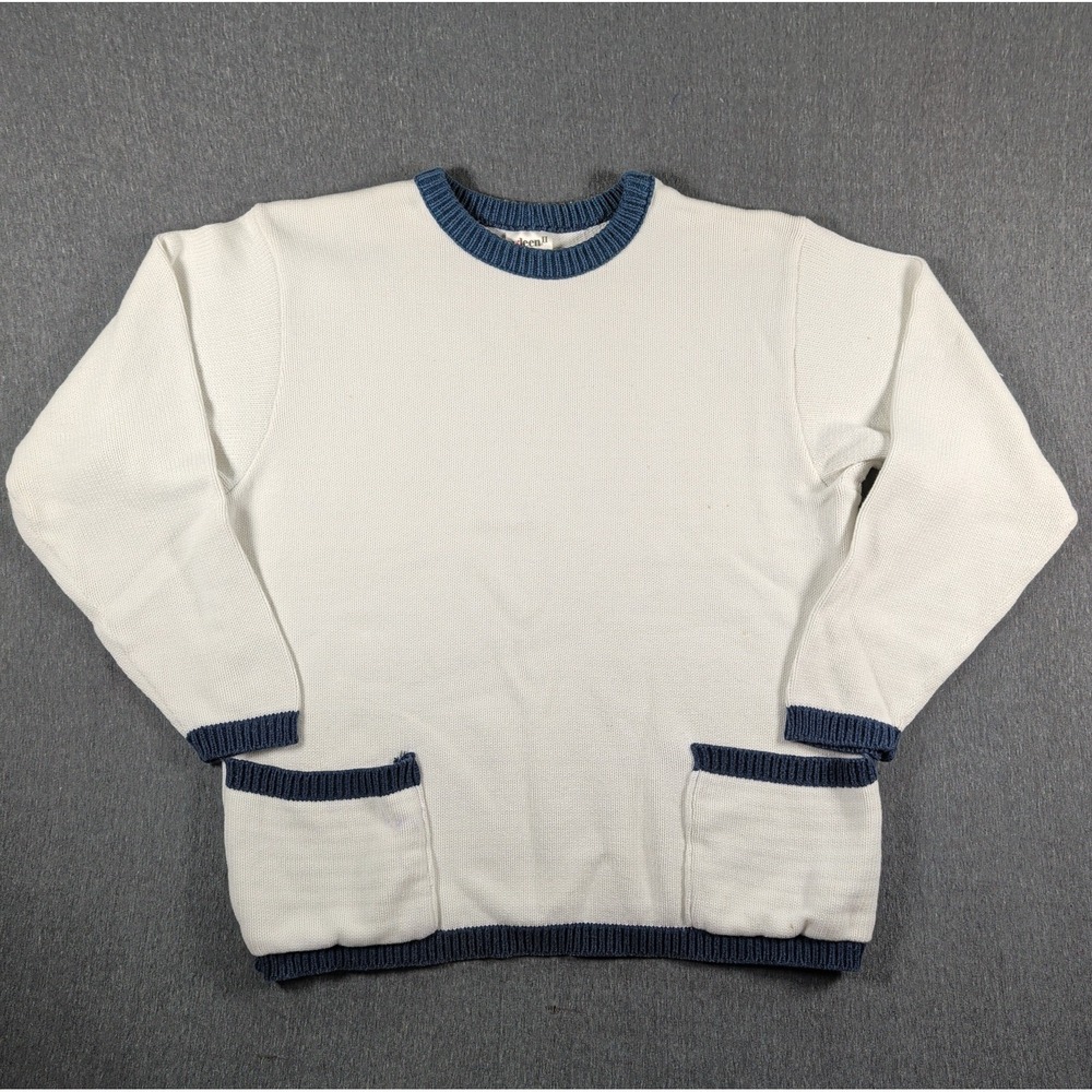 90s Cottagecore Boxy Knit Sweater White Pockets Cotton Made in USA Navy Trim‎